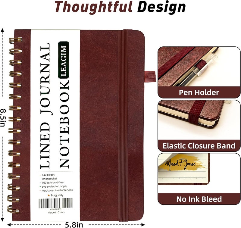 LEAGIM Lined Spiral Journal Notebook for Women & Men, College Ruled Hardcover Notebook for Work & Note Taking, Journals for Writing, 100 GSM, Business, School, 140 Pages, A5(5.8"x8.5") - Burgundy - Image 4